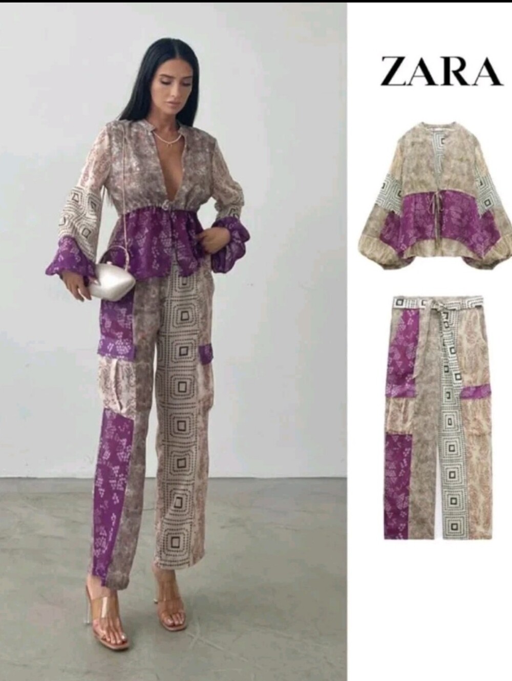 Zara 2-Piece Patchwork Pantset Bloggers Fav Med NWOT-free people-anthropologie - Picture 2 of 10